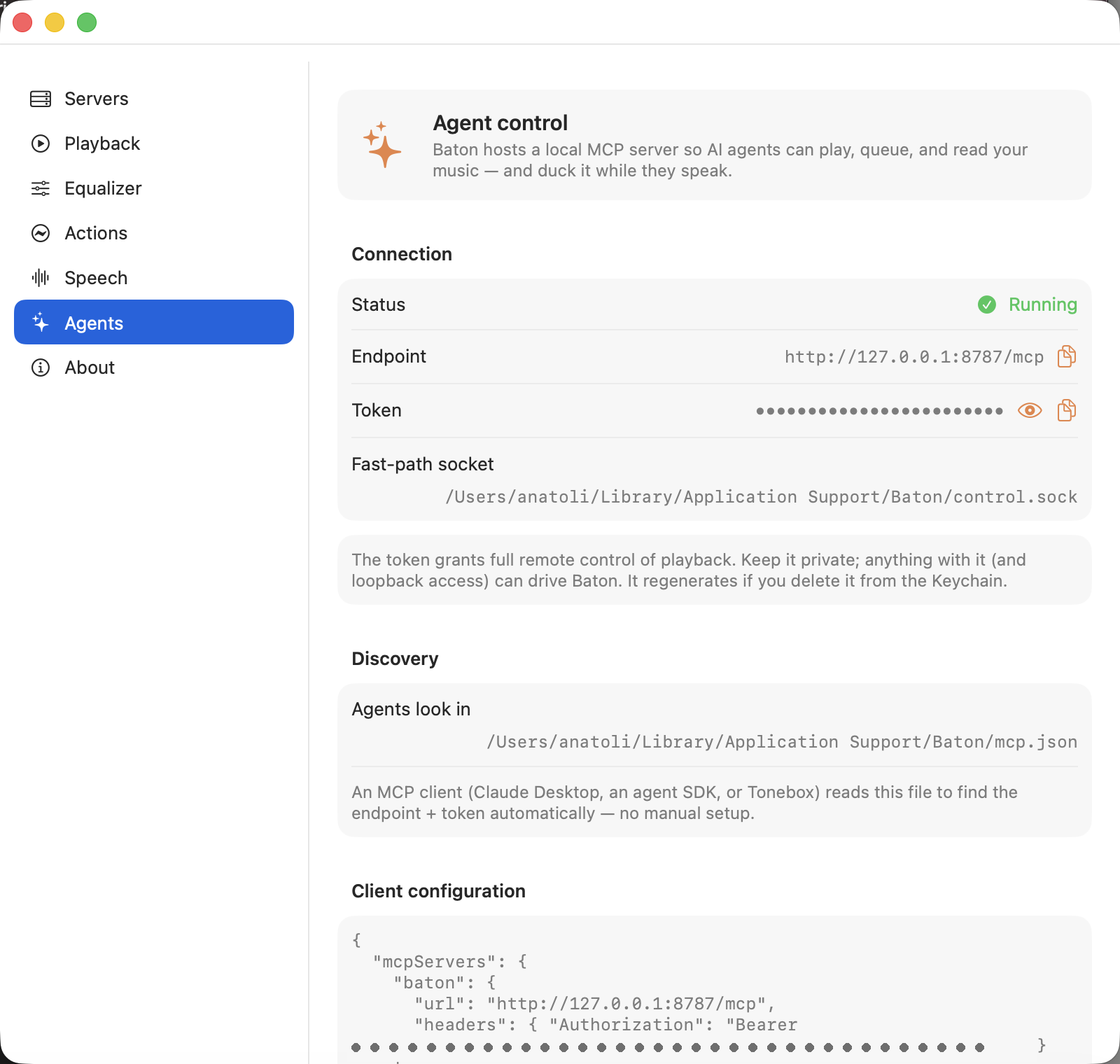 Baton's Agents settings pane: MCP server status, the loopback endpoint, a masked
                bearer token, the fast-path socket, the discovery file agents read, and a
                ready-to-paste client configuration block.